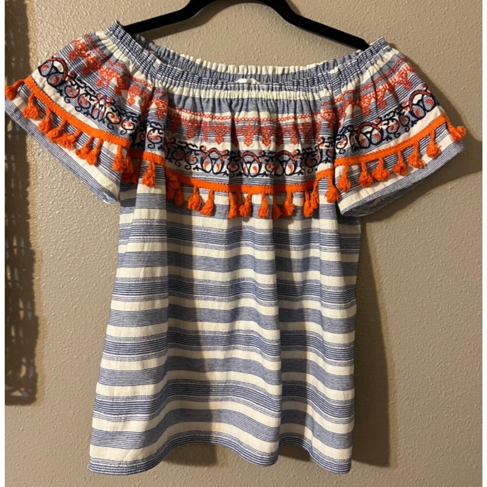 THML Top Blue Orange Ivory S Small Tassel Embroidered Cotton Off Shoulder